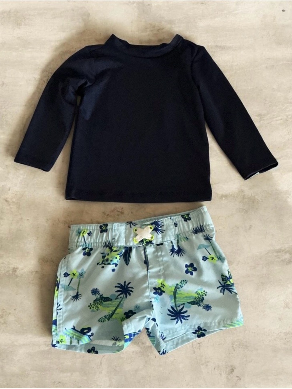 Lot of 2 Cat & Jack Navy Rash Guard Top and Light Blue Tropical Swim Shorts